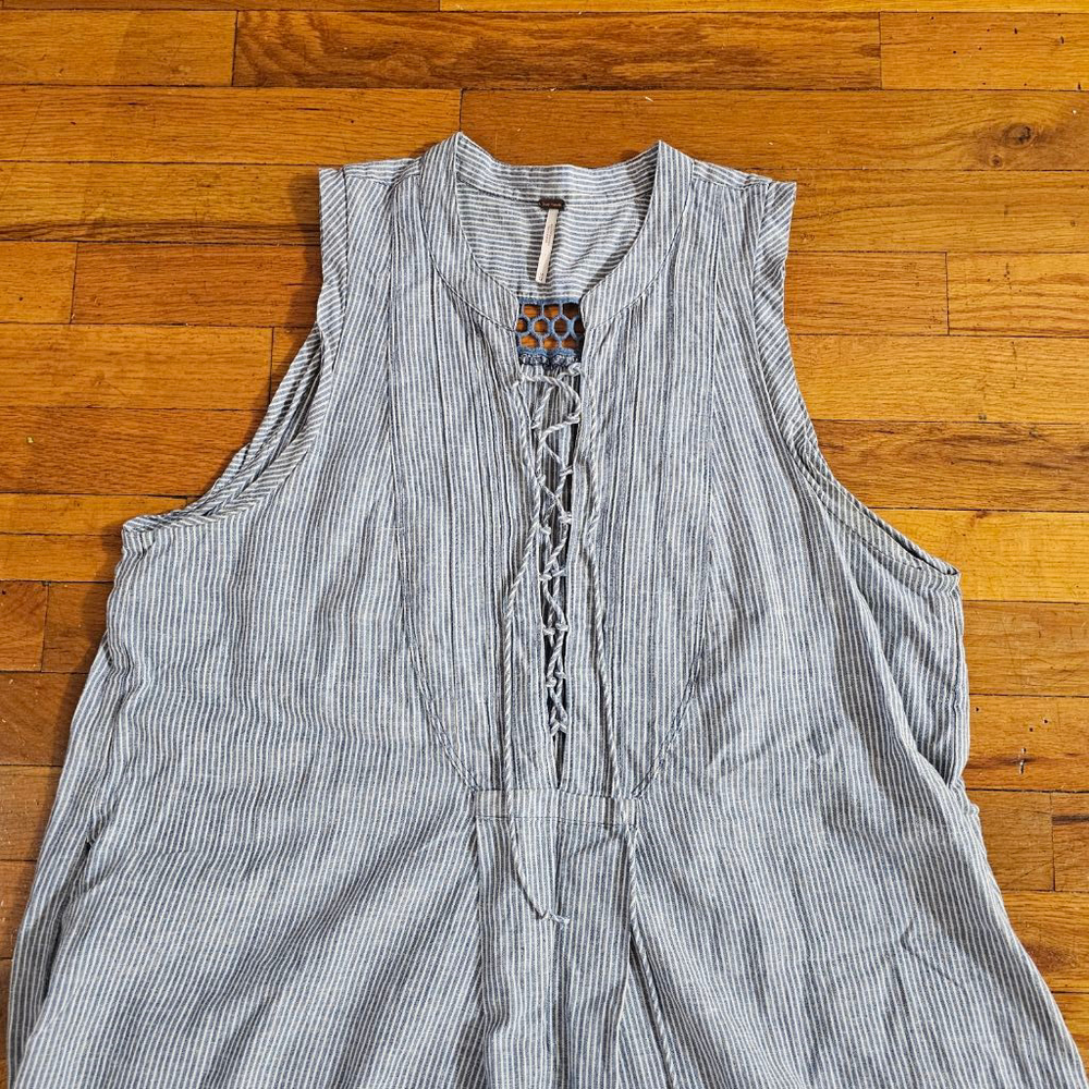 Free People Blue Linen Blend Striped Sleeveless Dress Medium - Picture 2 of 11